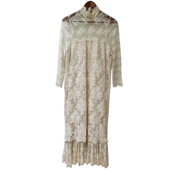 Vintage Jessica McClintock Ivory Lace High-Neck Maxi Dress Tiered Hem Size 10 - Picture 1 of 10